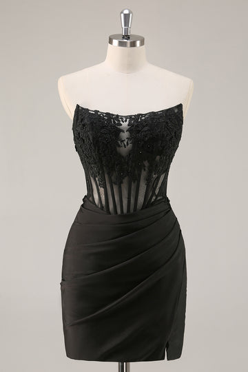 Black Strapless Corset Beaded Tight Short Homecoming Dress